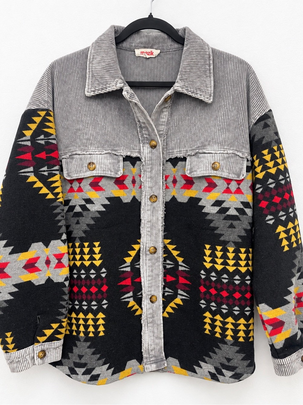 Mazik Black Corduroy-Trimmed Patterned Kids Jacket with Red & Yellow Accents
